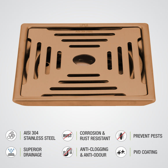 Green Exclusive Square Floor Drain in Antique Copper PVD Coating (6 x 6 Inches) with Hole - LIPKA - Lipka Home