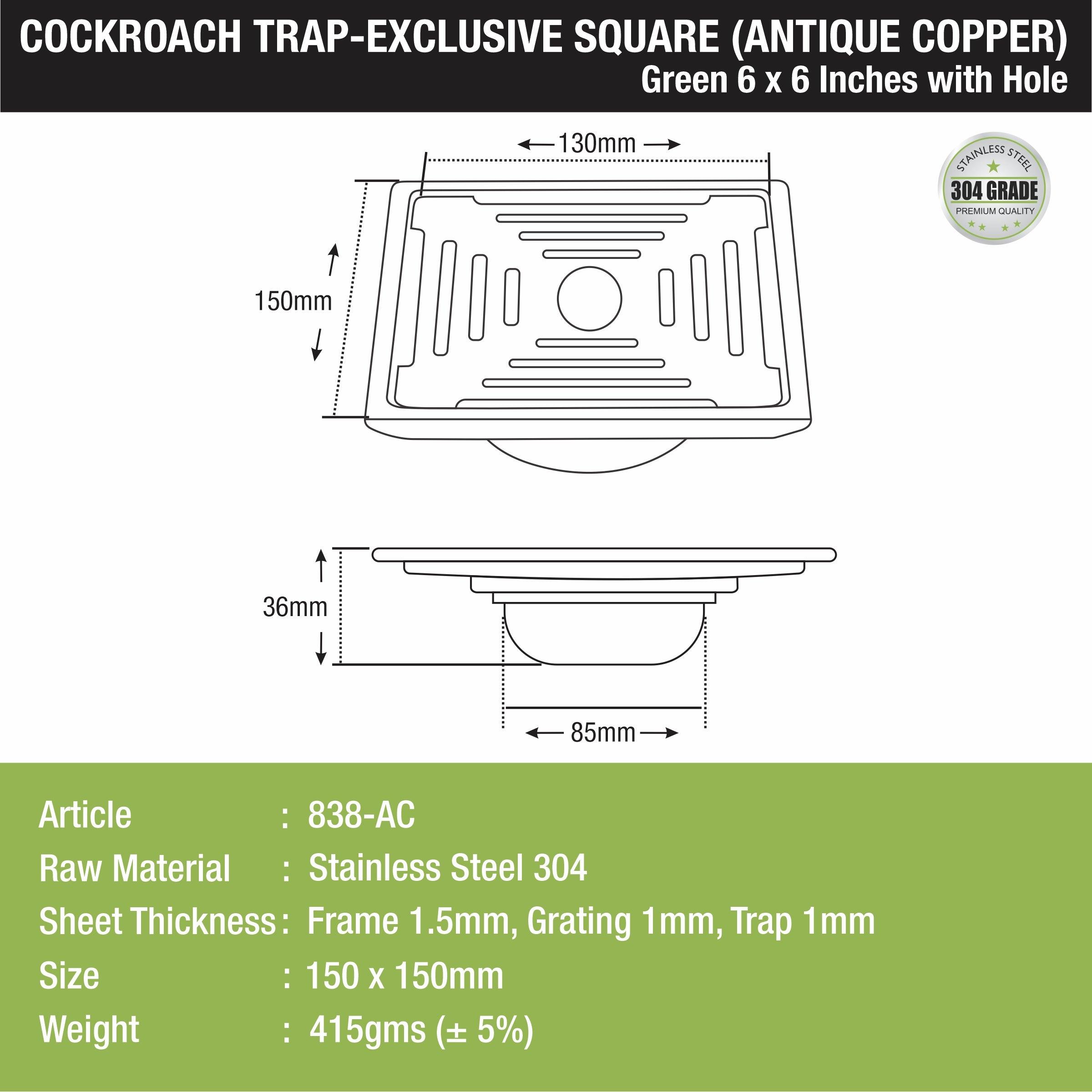 Green Exclusive Square Floor Drain in Antique Copper PVD Coating (6 x 6 Inches) with Hole & Cockroach Trap sizes and dimensions