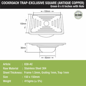 Green Exclusive Square Floor Drain in Antique Copper PVD Coating (6 x 6 Inches) with Hole & Cockroach Trap - LIPKA - Lipka Home