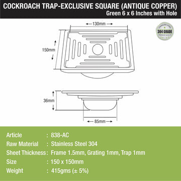 Green Exclusive Square Floor Drain in Antique Copper PVD Coating (6 x 6 Inches) with Hole & Cockroach Trap - LIPKA - Lipka Home