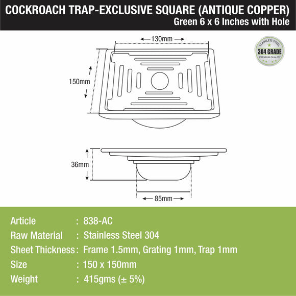 Green Exclusive Square Floor Drain in Antique Copper PVD Coating (6 x 6 Inches) with Hole & Cockroach Trap - LIPKA - Lipka Home