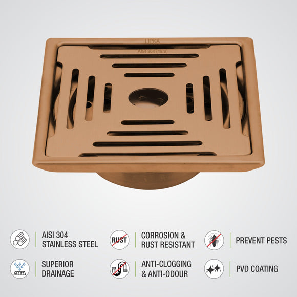 Green Exclusive Square Floor Drain in Antique Copper PVD Coating (6 x 6 Inches) with Hole & Cockroach Trap - LIPKA - Lipka Home