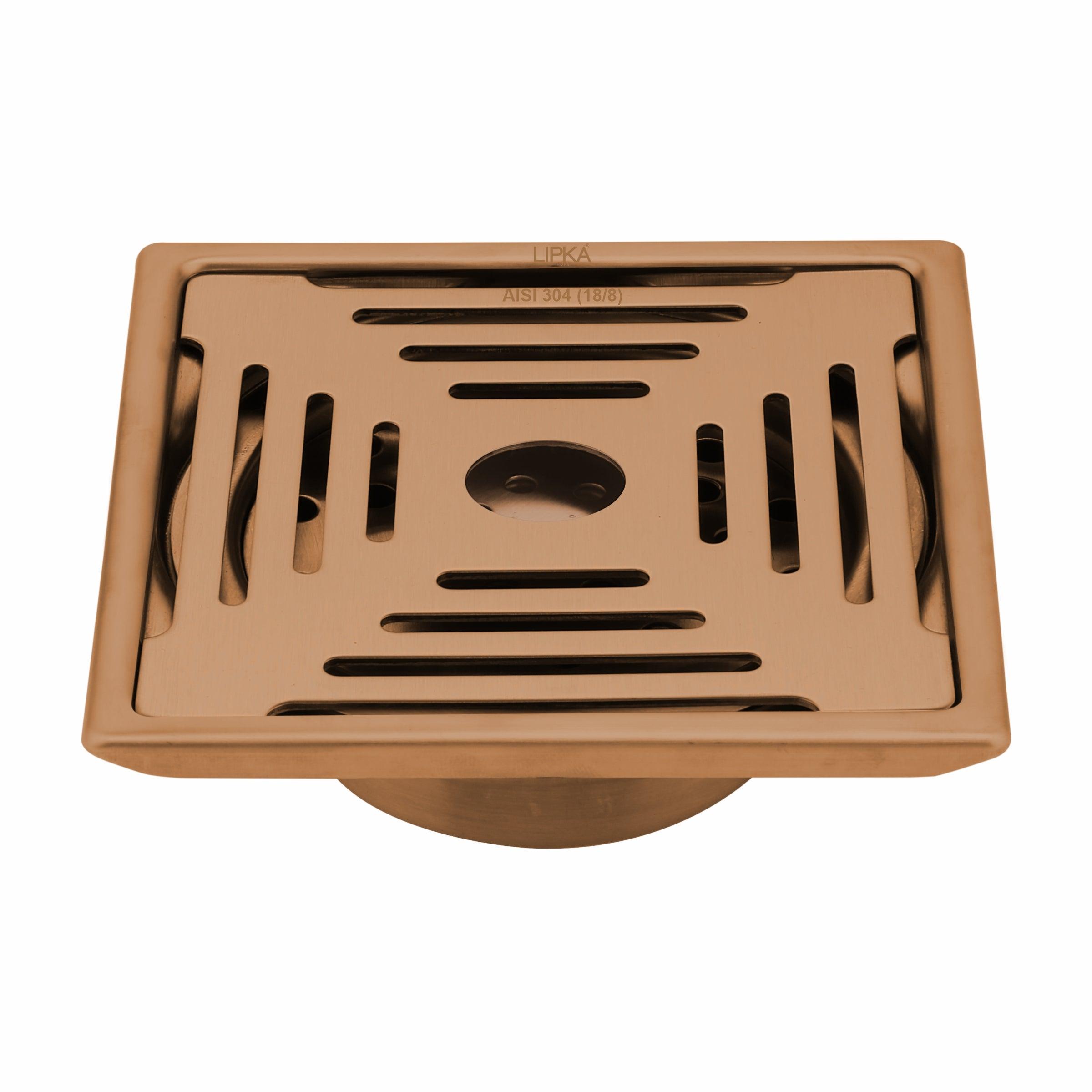 Green Exclusive Square Floor Drain in Antique Copper PVD Coating (6 x 6 Inches) with Hole & Cockroach Trap