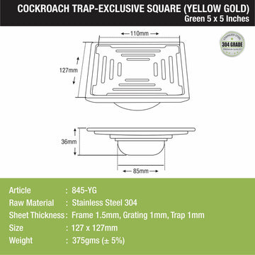 Green Exclusive Square Floor Drain in Yellow Gold PVD Coating (5 x 5 Inches) with Cockroach Trap - LIPKA - Lipka Home