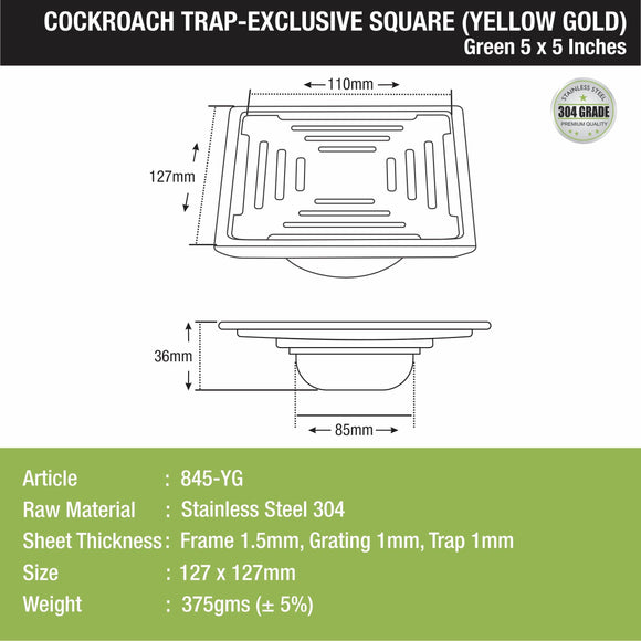 Green Exclusive Square Floor Drain in Yellow Gold PVD Coating (5 x 5 Inches) with Cockroach Trap - LIPKA - Lipka Home