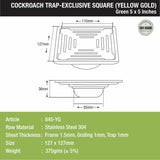Green Exclusive Square Floor Drain in Yellow Gold PVD Coating (5 x 5 Inches) with Cockroach Trap - LIPKA