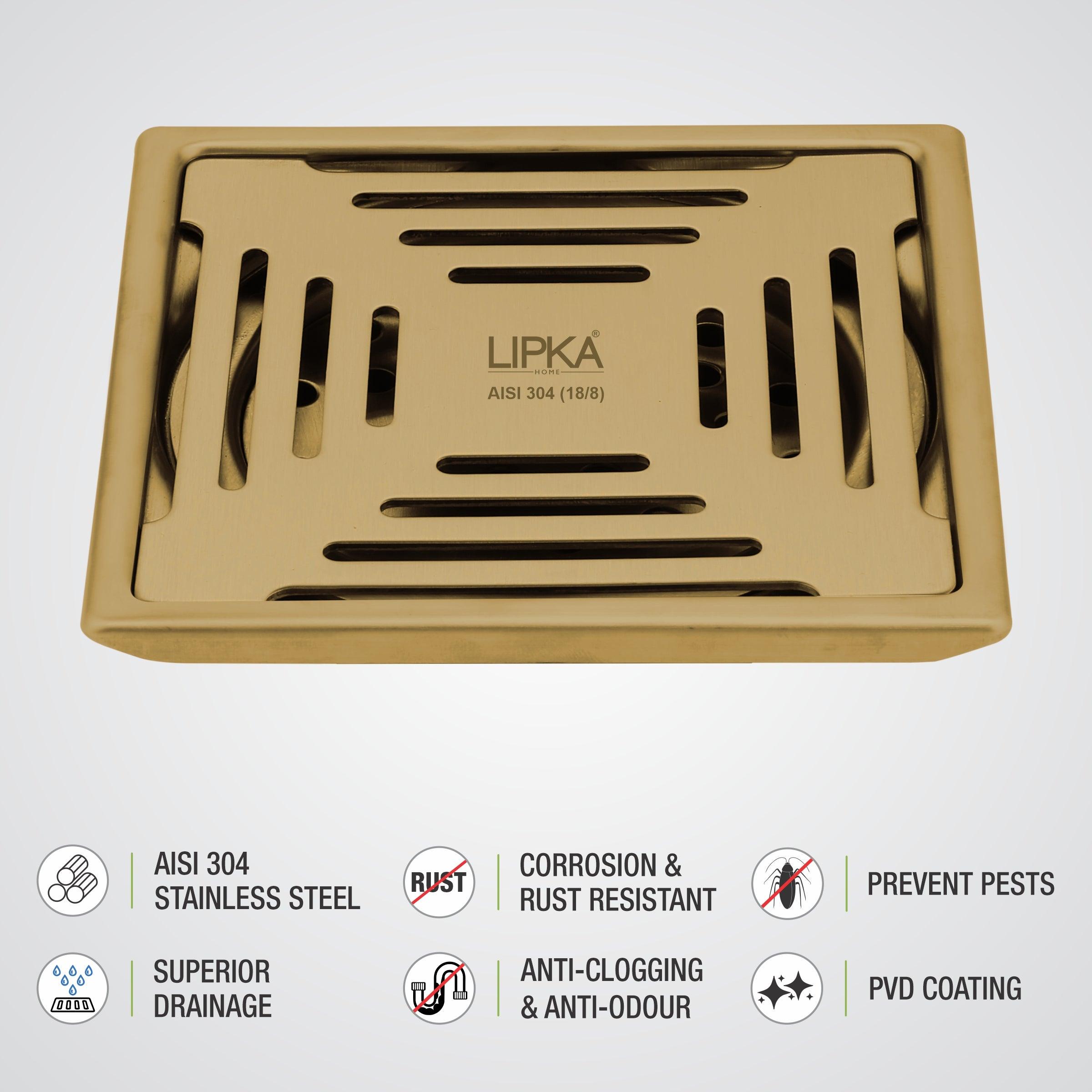 Green Exclusive Square Floor Drain in Yellow Gold PVD Coating (5 x 5 Inches) - LIPKA - Lipka Home