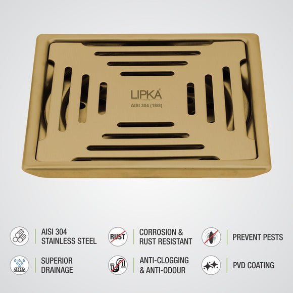 Green Exclusive Square Floor Drain in Yellow Gold PVD Coating (5 x 5 Inches) - LIPKA - Lipka Home