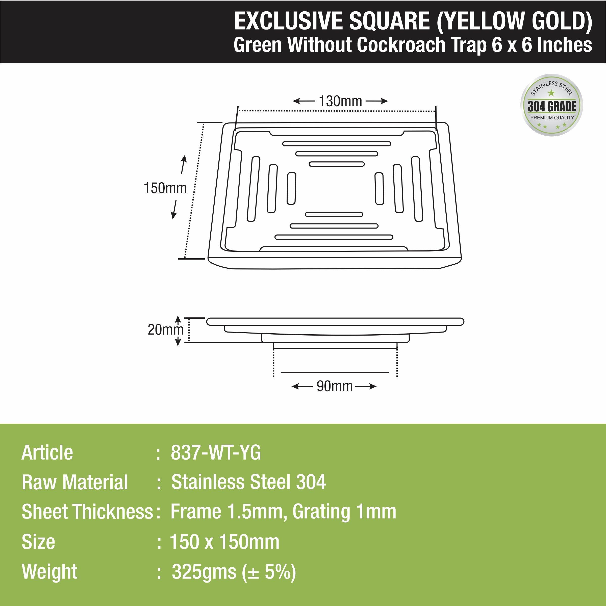 Green Exclusive Square Floor Drain in Yellow Gold PVD Coating (6 x 6 Inches) - LIPKA - Lipka Home