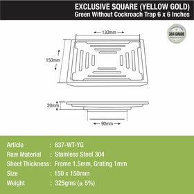 Green Exclusive Square Floor Drain in Yellow Gold PVD Coating (6 x 6 Inches) - LIPKA - Lipka Home