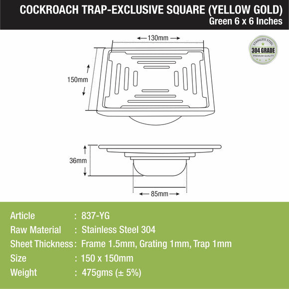 Green Exclusive Square Floor Drain in Yellow Gold PVD Coating (6 x 6 Inches) with Cockroach Trap - LIPKA - Lipka Home