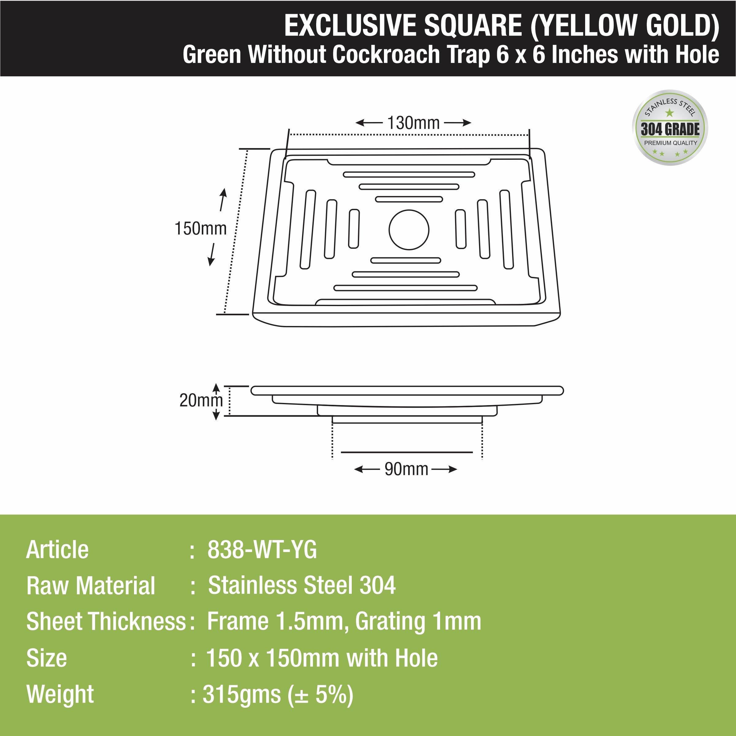 Green Exclusive Square Floor Drain in Yellow Gold PVD Coating (6 x 6 Inches) with Hole - LIPKA - Lipka Home