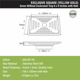 Green Exclusive Square Floor Drain in Yellow Gold PVD Coating (6 x 6 Inches) with Hole - LIPKA - Lipka Home