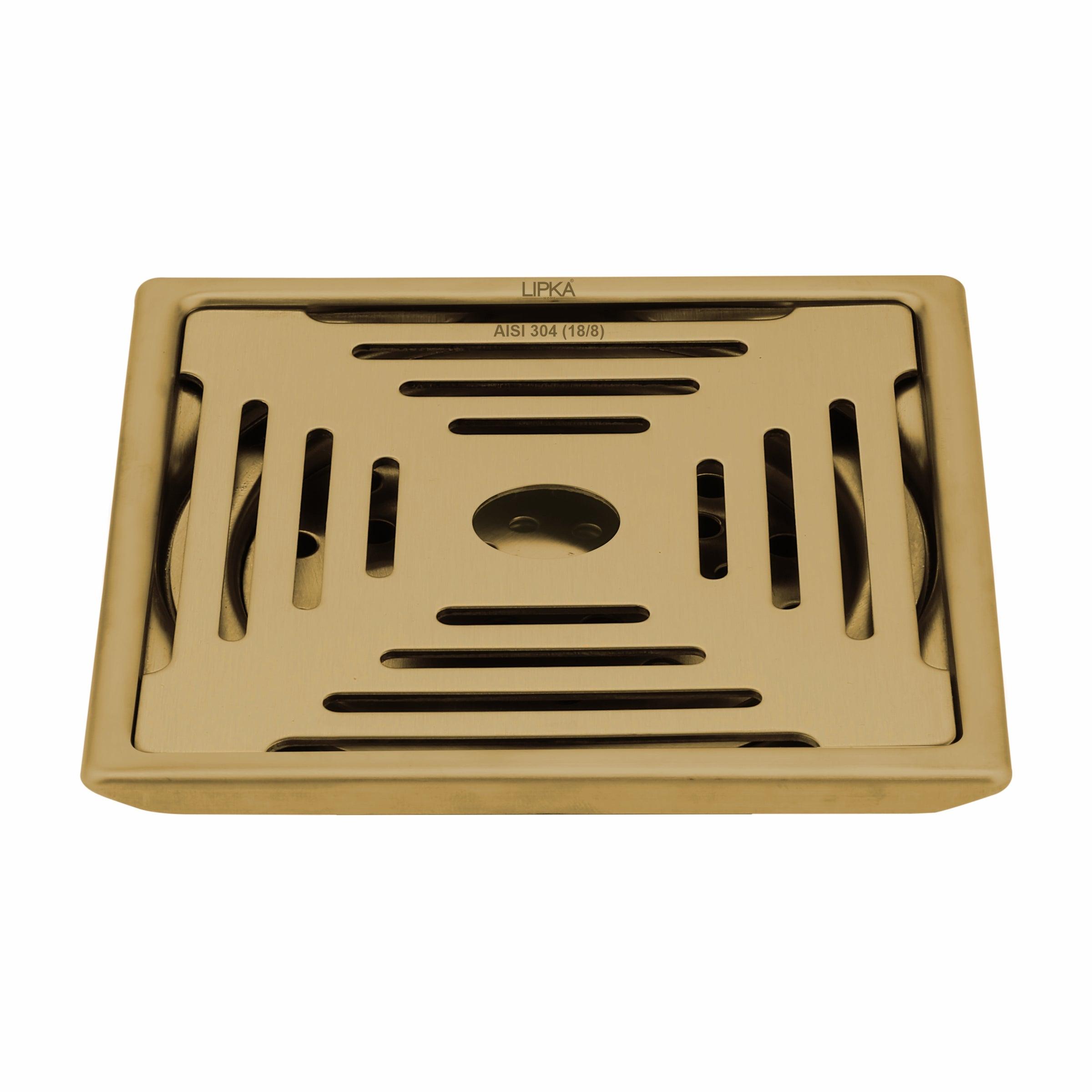 Green Exclusive Square Floor Drain in Yellow Gold PVD Coating (6 x 6 Inches) with Hole - LIPKA - Lipka Home