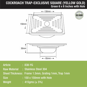 Green Exclusive Square Floor Drain in Yellow Gold PVD Coating (6 x 6 Inches) with Hole & Cockroach Trap - LIPKA - Lipka Home