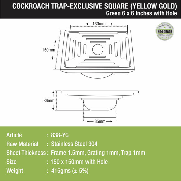 Green Exclusive Square Floor Drain in Yellow Gold PVD Coating (6 x 6 Inches) with Hole & Cockroach Trap - LIPKA - Lipka Home