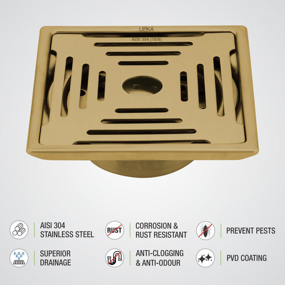 Green Exclusive Square Floor Drain in Yellow Gold PVD Coating (6 x 6 Inches) with Hole & Cockroach Trap - LIPKA - Lipka Home
