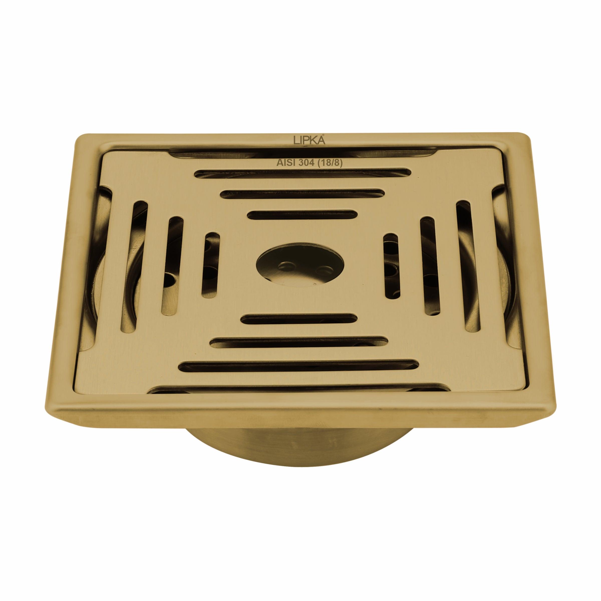 Green Exclusive Square Floor Drain in Yellow Gold PVD Coating (6 x 6 Inches) with Hole & Cockroach Trap - LIPKA