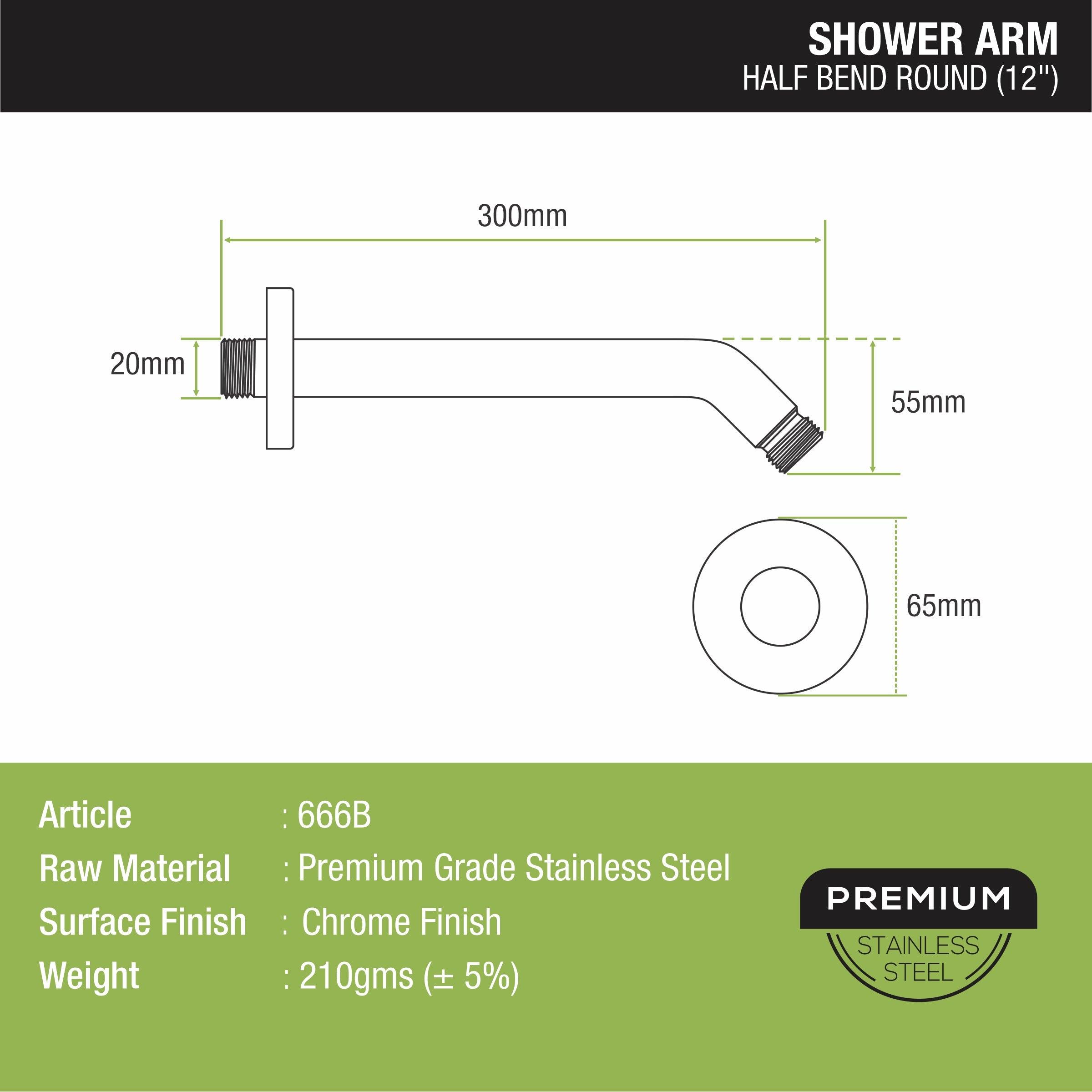 Half Bend Round Shower Arm (12 Inches) sizes and dimensions 