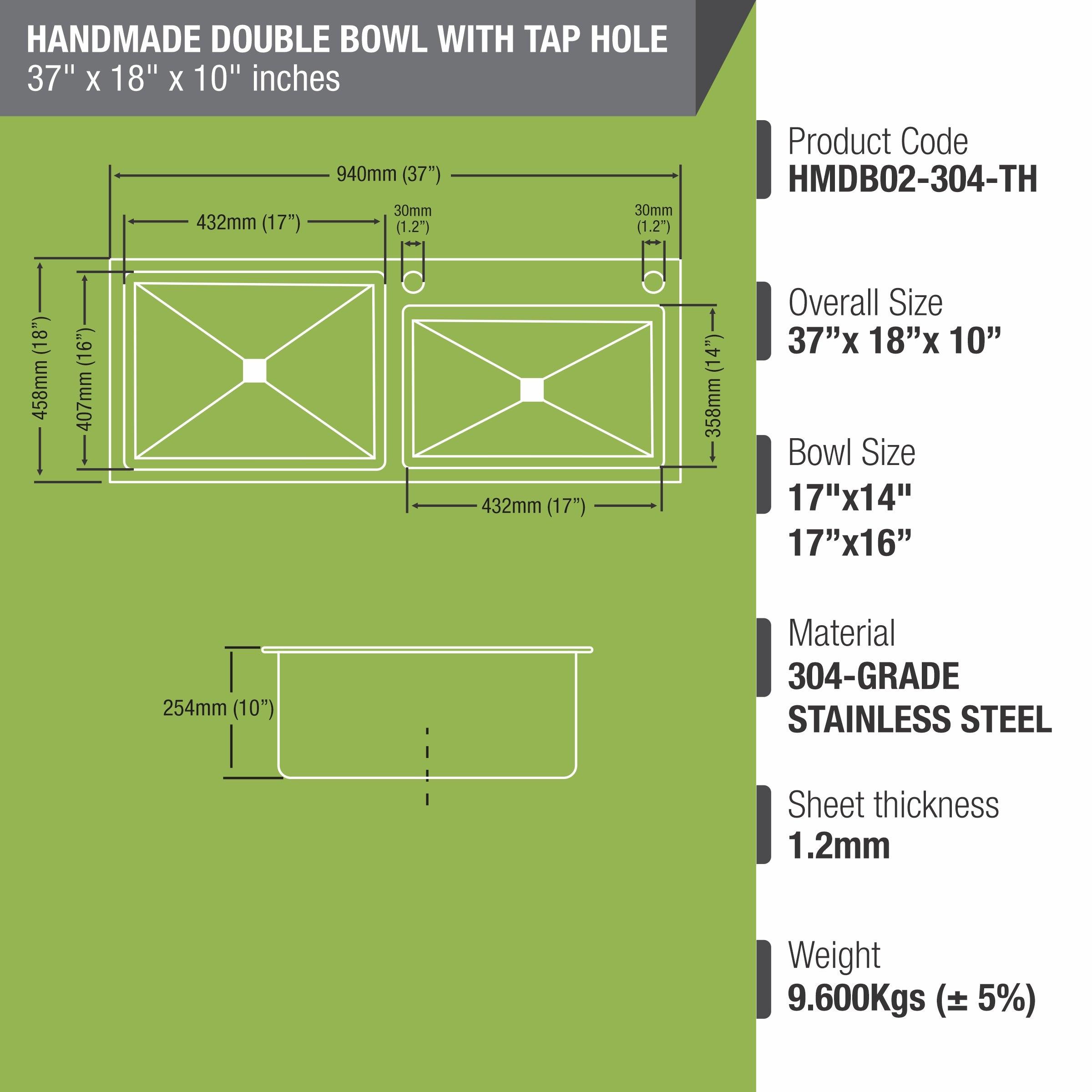 Handmade Double Bowl 304-Grade Kitchen Sink with Tap Hole (37 x 18 x 10 Inches) sizes and dimensions
