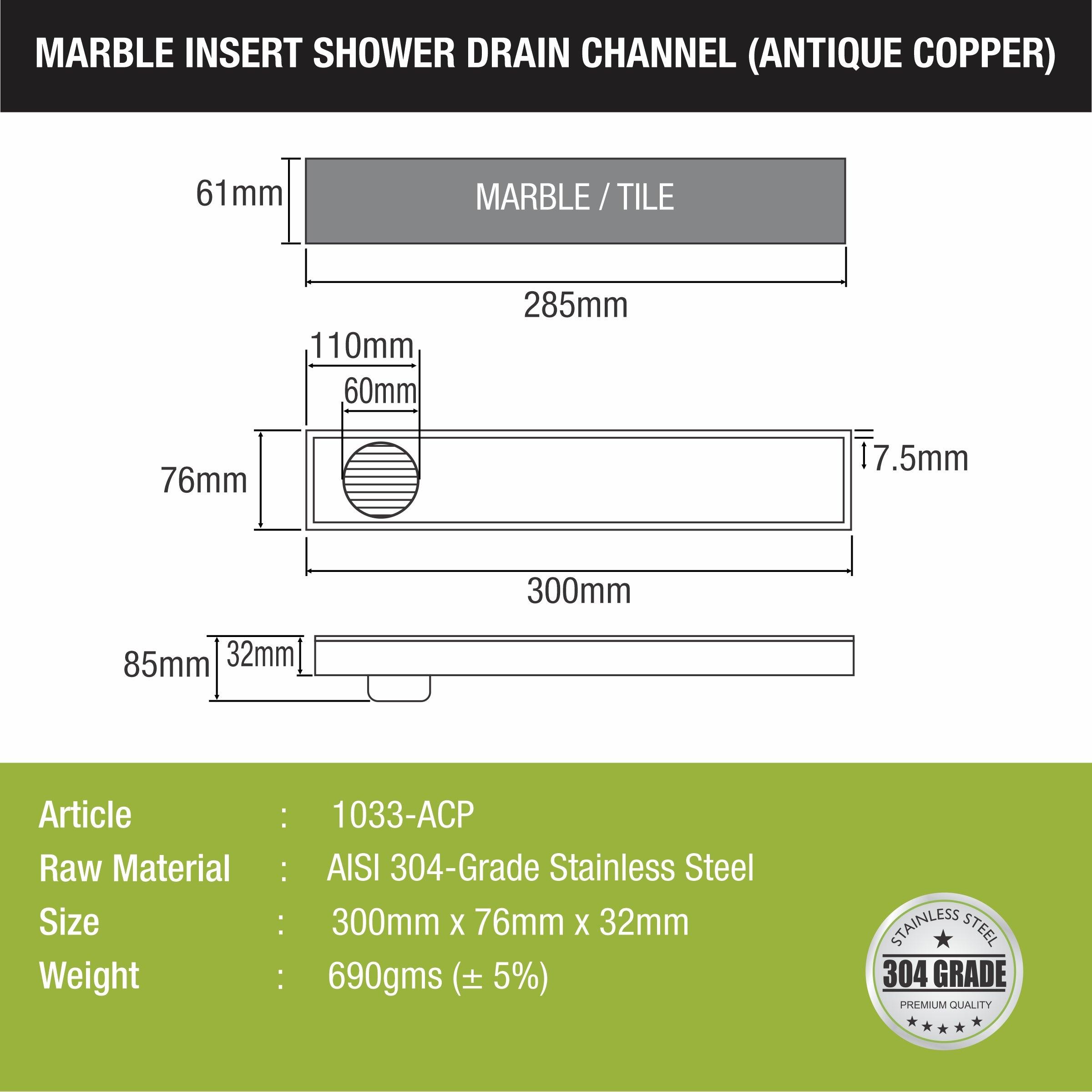 Marble Insert Shower Drain Channel - Antique Copper (12 x 3 Inches) sizes and dimensions