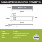 Marble Insert Shower Drain Channel - Antique Copper (18 x 3 Inches) sizes and dimensions