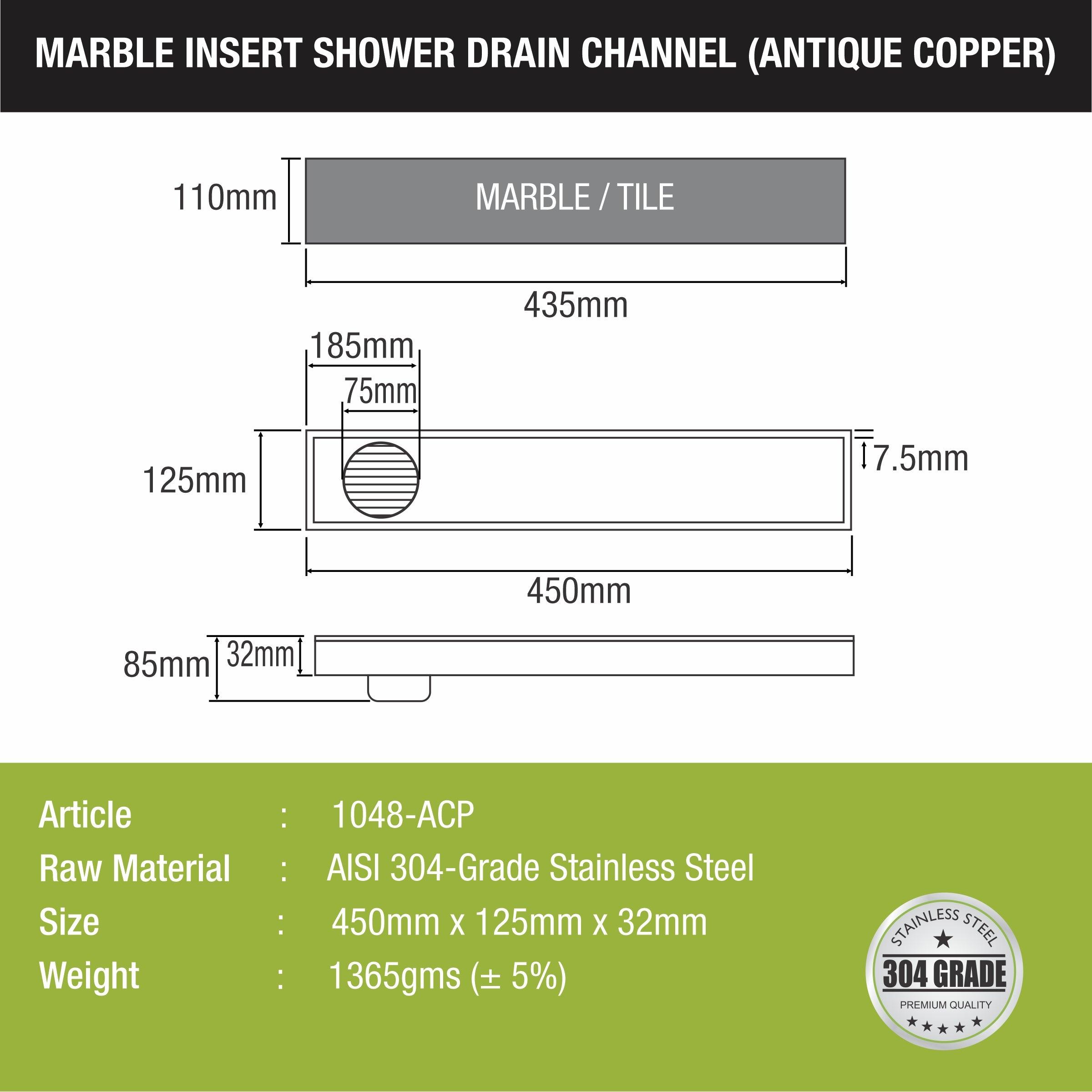 Marble Insert Shower Drain Channel - Antique Copper (18 x 5 Inches) sizes and dimensions 