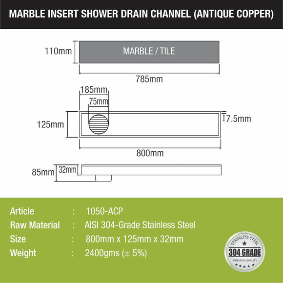 Marble Insert Shower Drain Channel - Antique Copper (32 x 5 Inches) - LIPKA - Lipka Home