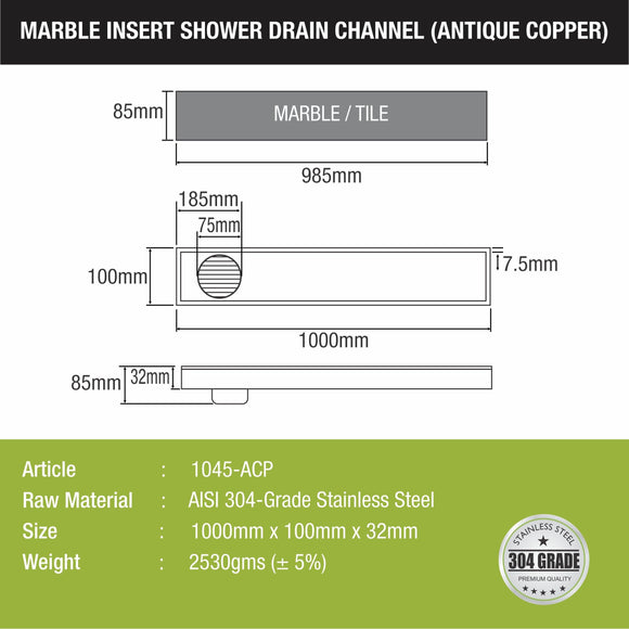 Marble Insert Shower Drain Channel - Antique Copper (40 x 4 Inches) - LIPKA - Lipka Home