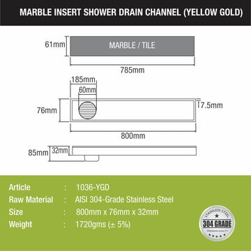 Marble Insert Shower Drain Channel - Yellow Gold (32 x 3 Inches) - LIPKA - Lipka Home