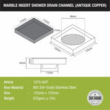 Marble Insert Square Floor Drain - Antique Copper (5 x 5 Inches) sizes and dimensions
