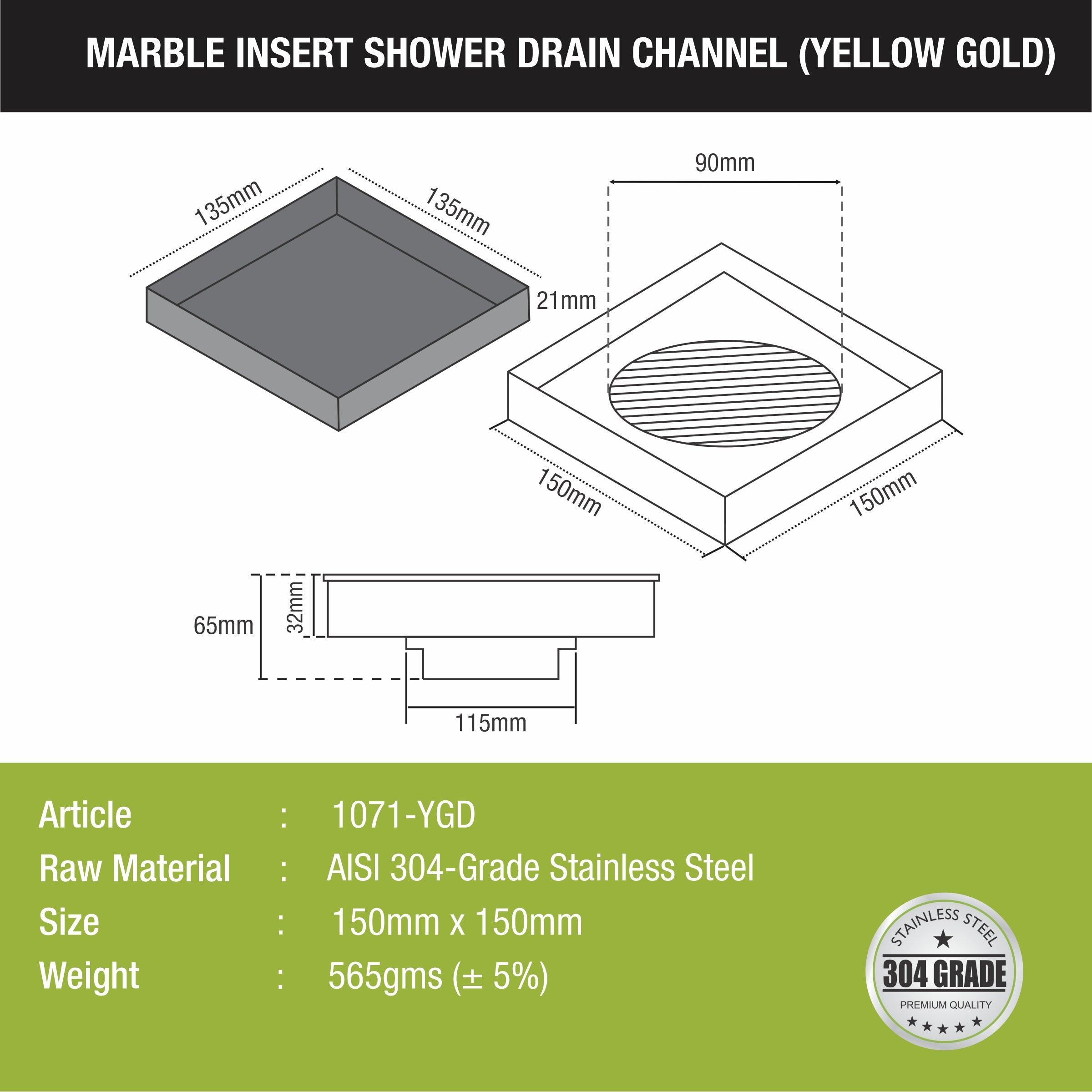 Marble Insert Square Floor Drain - Yellow Gold (6 x 6 Inches) sizes and dimensions