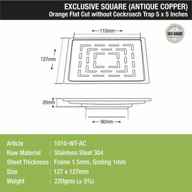 Orange Exclusive Square Flat Cut Floor Drain in Antique Copper PVD Coating (5 x 5 Inches) - LIPKA - Lipka Home