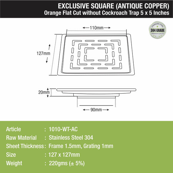Orange Exclusive Square Flat Cut Floor Drain in Antique Copper PVD Coating (5 x 5 Inches) - LIPKA - Lipka Home