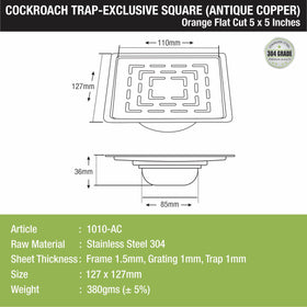 Orange Exclusive Square Flat Cut Floor Drain in Antique Copper PVD Coating (5 x 5 Inches) with Cockroach Trap - LIPKA - Lipka Home