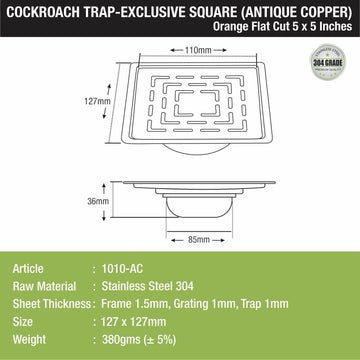 Orange Exclusive Square Flat Cut Floor Drain in Antique Copper PVD Coating (5 x 5 Inches) with Cockroach Trap - LIPKA - Lipka Home