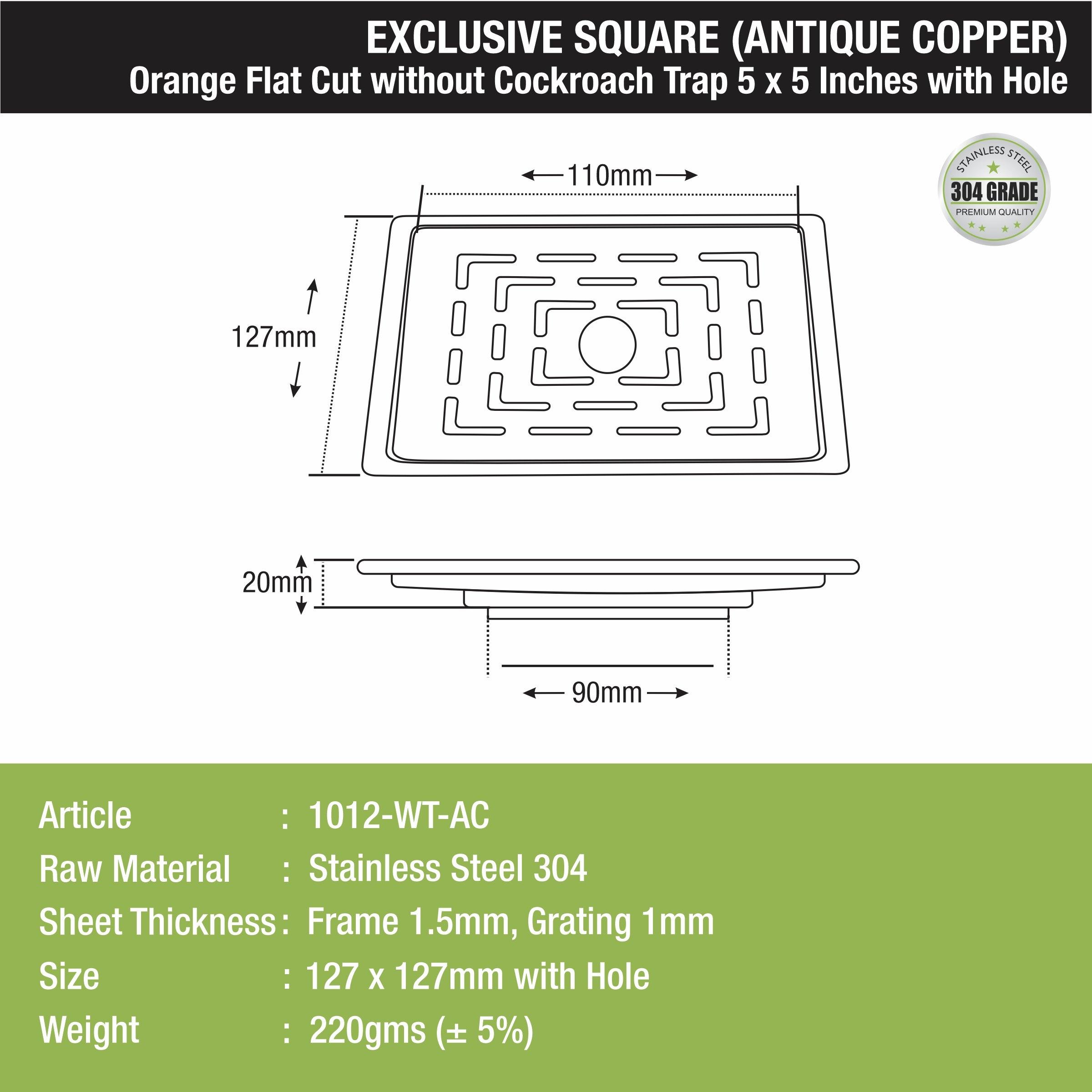 Orange Flat Cut Exclusive Square Floor Drain in Antique Copper PVD Coating (5 x 5 Inches) with Hole sizes and dimensions