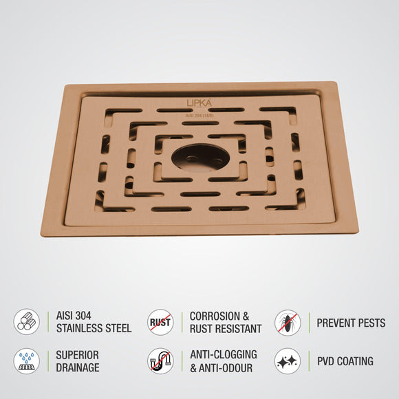 Orange Flat Cut Exclusive Square Floor Drain in Antique Copper PVD Coating (5 x 5 Inches) with Hole - LIPKA - Lipka Home