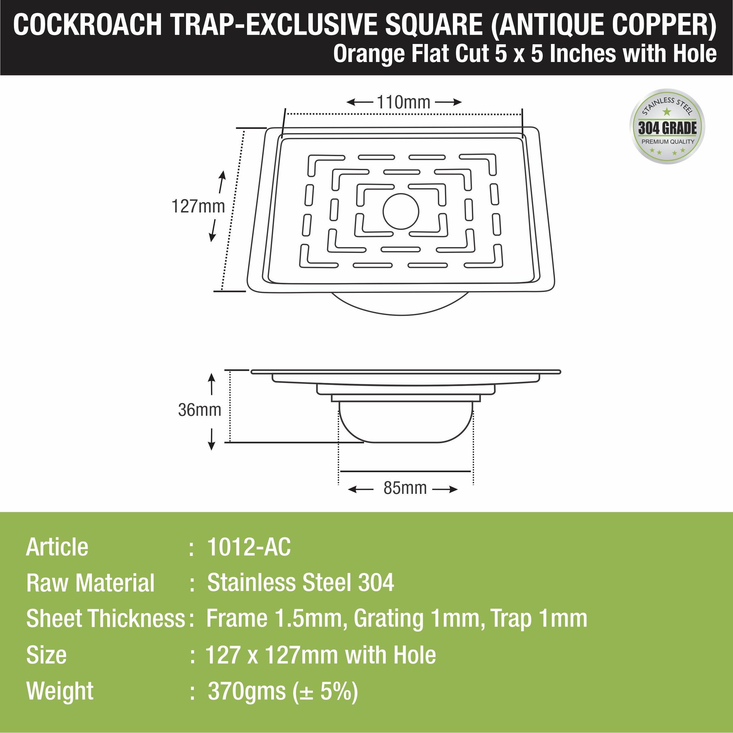 Orange Flat Cut Exclusive Square Floor Drain in Antique Copper PVD Coating (5 x 5 Inches) with Hole & Cockroach Trap sizes and dimensions