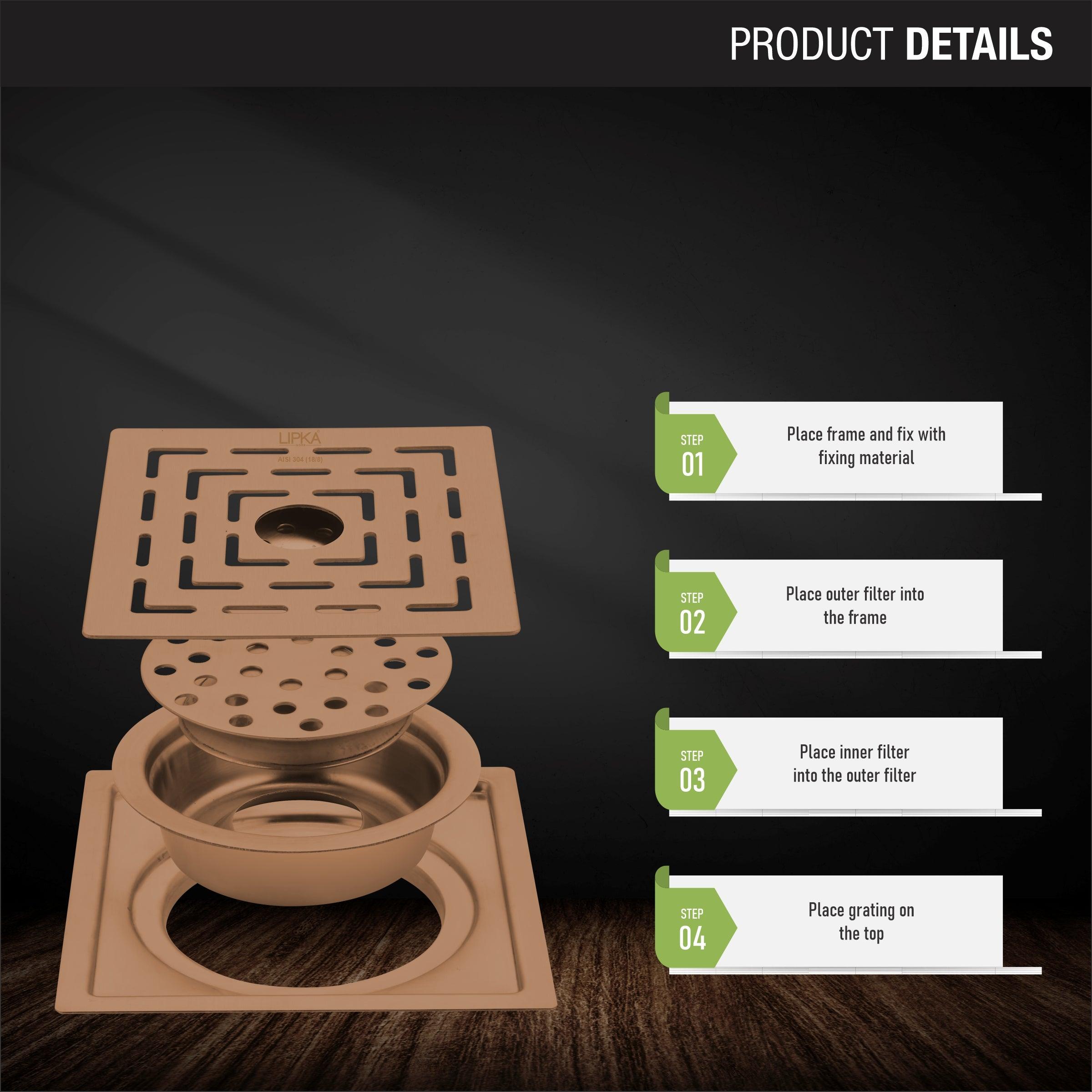 Orange Flat Cut Exclusive Square Floor Drain in Antique Copper PVD Coating (5 x 5 Inches) with Hole & Cockroach Trap product details