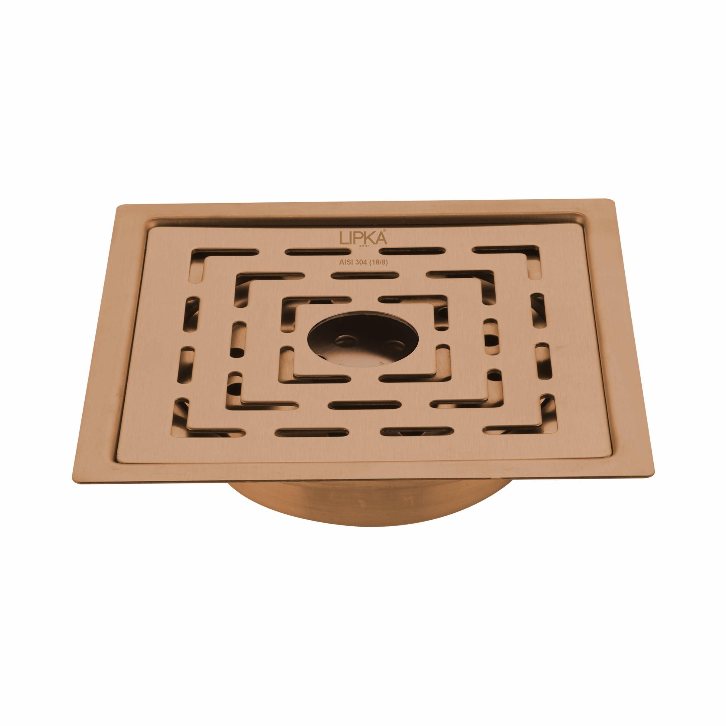 Orange Flat Cut Exclusive Square Floor Drain in Antique Copper PVD Coating (5 x 5 Inches) with Hole & Cockroach Trap