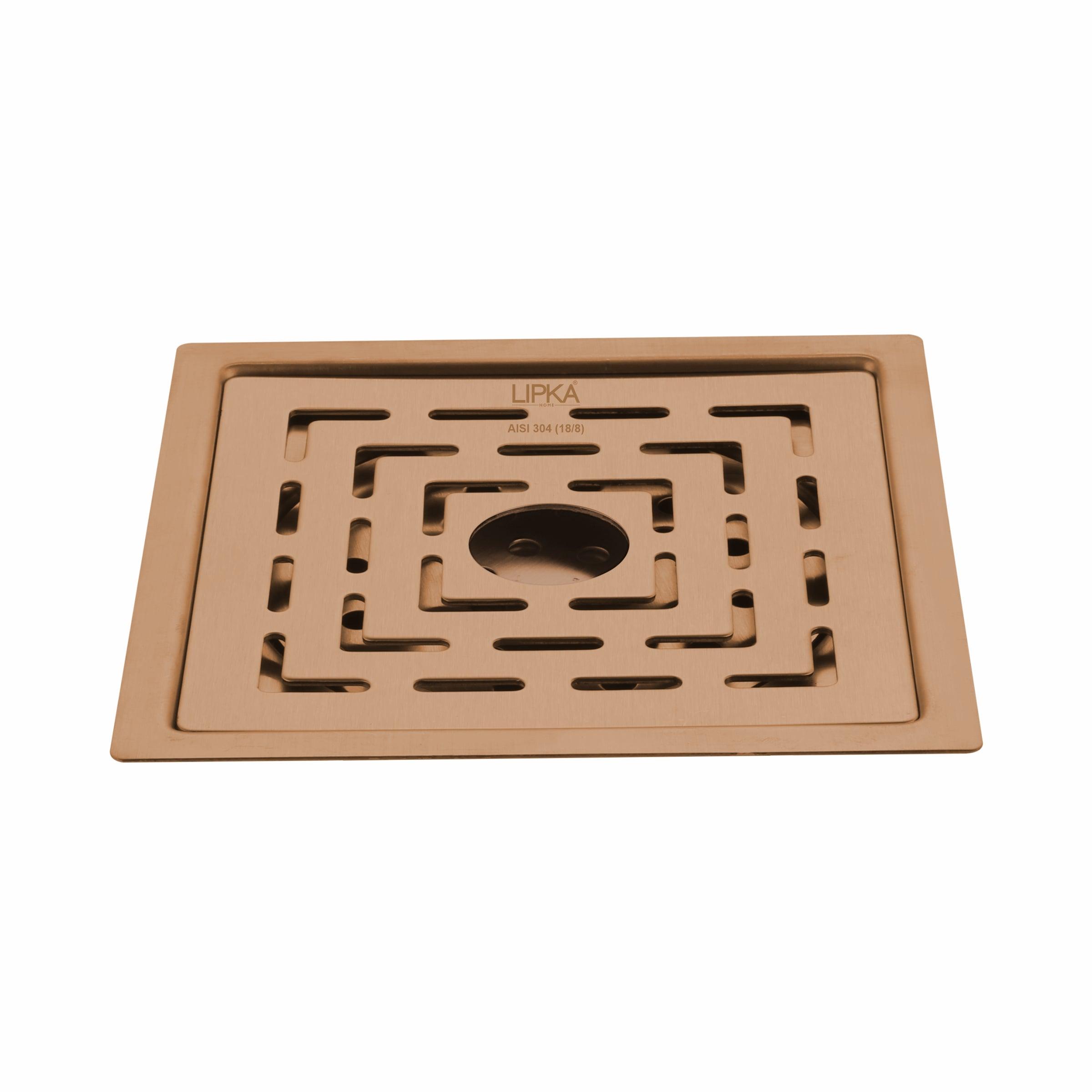 Orange Flat Cut Exclusive Square Floor Drain in Antique Copper PVD Coating (5 x 5 Inches) with Hole