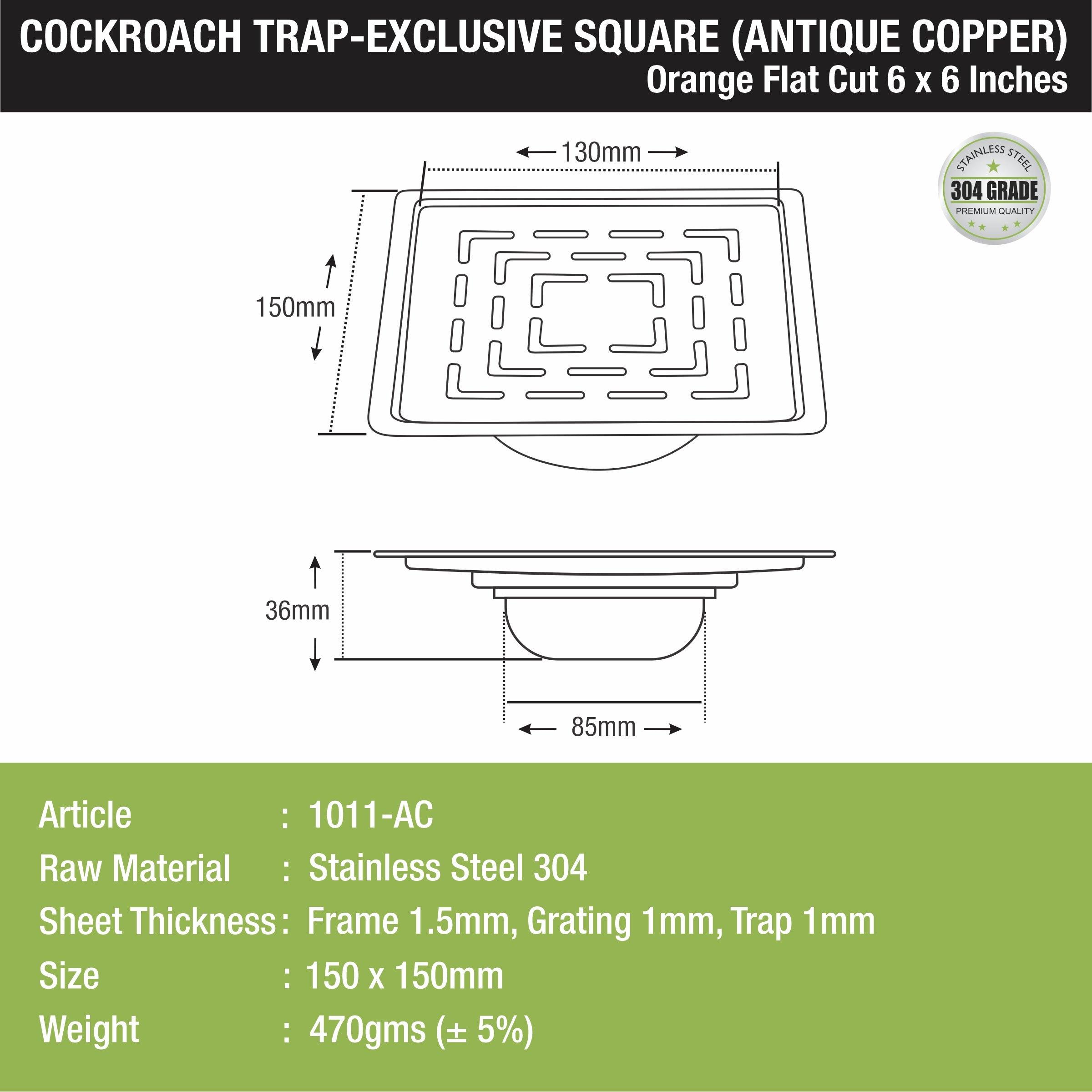 Orange Exclusive Square Flat Cut Floor Drain in Antique Copper PVD Coating (6 x 6 Inches) with Cockroach Trap sizes and dimensions