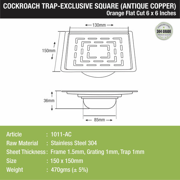 Orange Exclusive Square Flat Cut Floor Drain in Antique Copper PVD Coating (6 x 6 Inches) with Cockroach Trap - LIPKA - Lipka Home