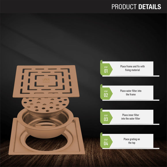 Orange Exclusive Square Flat Cut Floor Drain in Antique Copper PVD Coating (6 x 6 Inches) with Cockroach Trap - LIPKA - Lipka Home