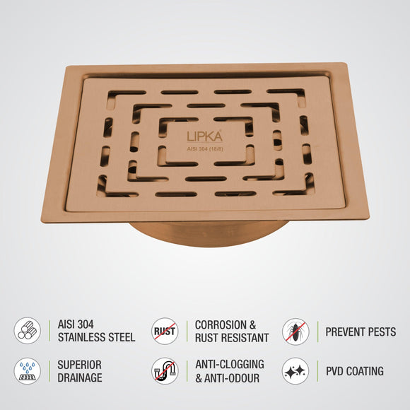 Orange Exclusive Square Flat Cut Floor Drain in Antique Copper PVD Coating (6 x 6 Inches) with Cockroach Trap - LIPKA - Lipka Home
