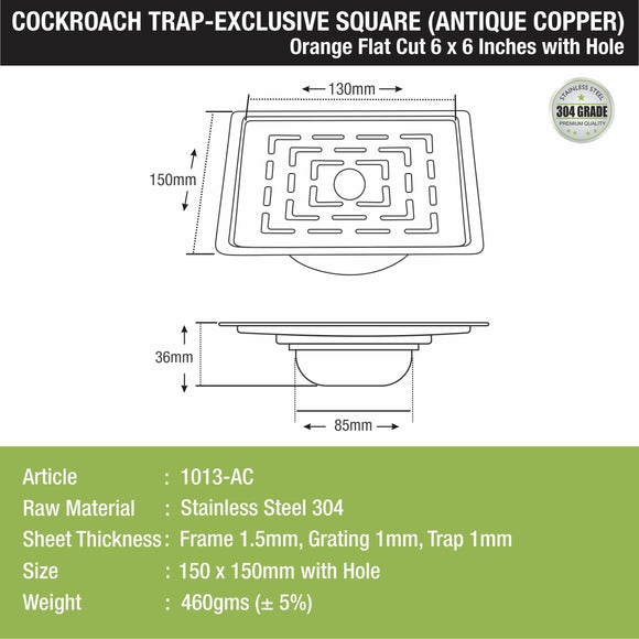 Orange Exclusive Square Flat Cut Floor Drain in Antique Copper PVD Coating (6 x 6 Inches) with Hole & Cockroach Trap - LIPKA - Lipka Home