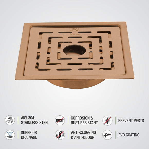 Orange Exclusive Square Flat Cut Floor Drain in Antique Copper PVD Coating (6 x 6 Inches) with Hole & Cockroach Trap - LIPKA - Lipka Home