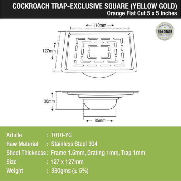 Orange Exclusive Square Flat Cut Floor Drain in Yellow Gold PVD Coating (5 x 5 Inches) with Cockroach Trap - LIPKA - Lipka Home