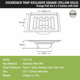 Orange Flat Cut Exclusive Square Floor Drain in Yellow Gold PVD Coating (5 x 5 Inches) with Hole & Cockroach Trap - LIPKA - Lipka Home